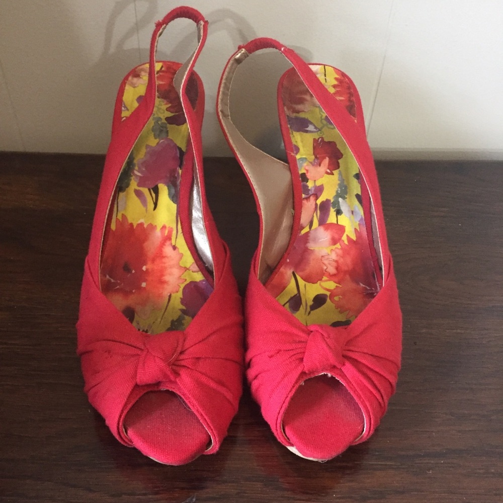 Retro Pinup Red Canvas Wedge Slingbacks